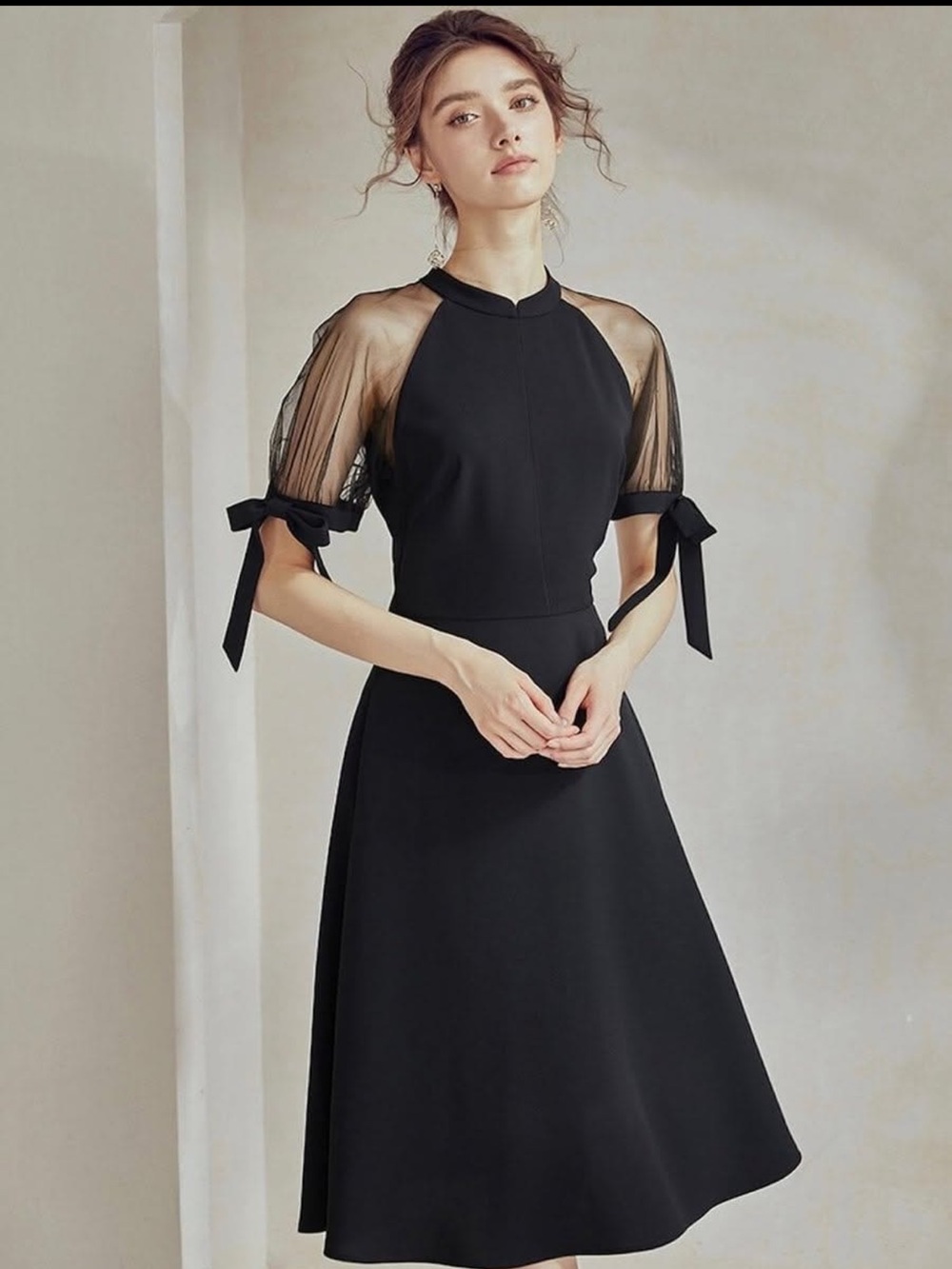 Black Midi Dress with Sheer Puff Sleeves